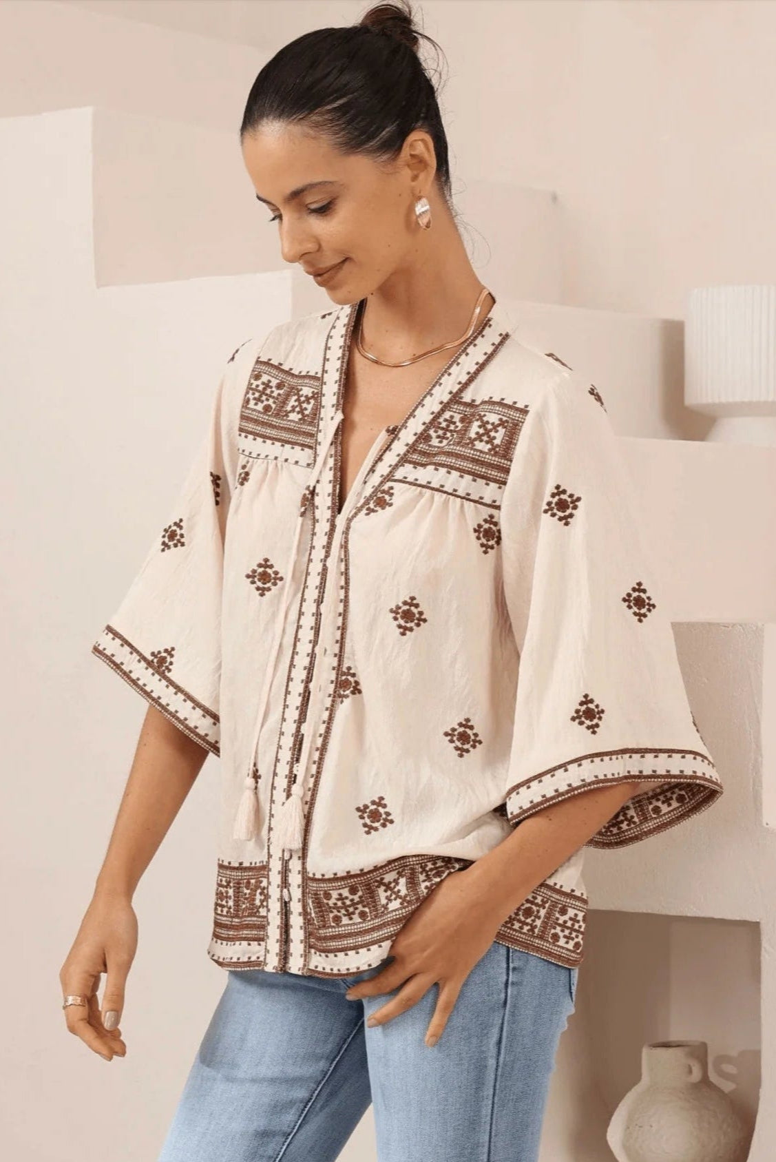Iris Maxi Diamond Embroidered Long Sleeve Top - Beige/Brown