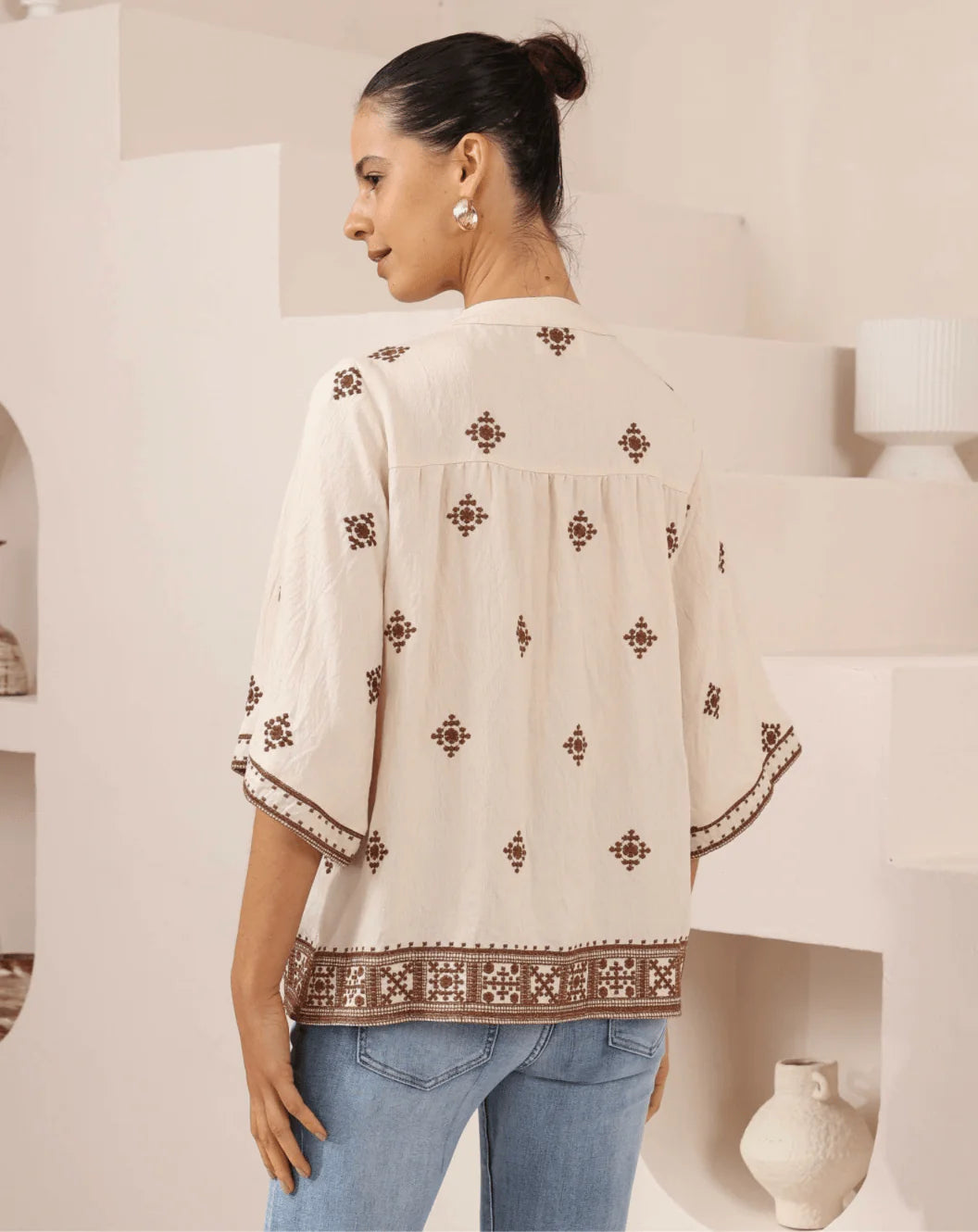 Iris Maxi Diamond Embroidered Long Sleeve Top - Beige/Brown