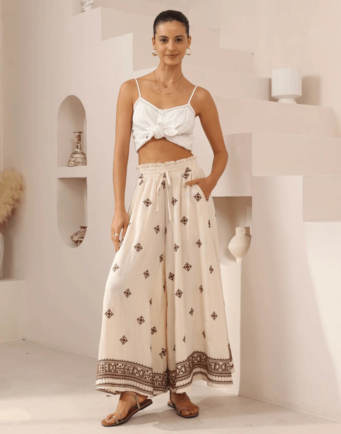 Iris Maxi Diamond Embroidered Wide Leg Pant - Beige/Brown