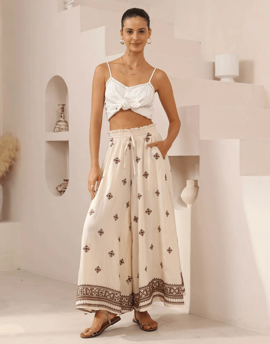 Iris Maxi Diamond Embroidered Wide Leg Pant - Beige/Brown