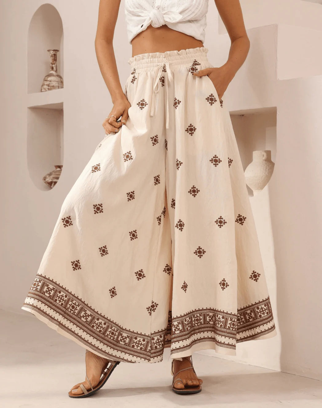 Iris Maxi Diamond Embroidered Wide Leg Pant - Beige/Brown