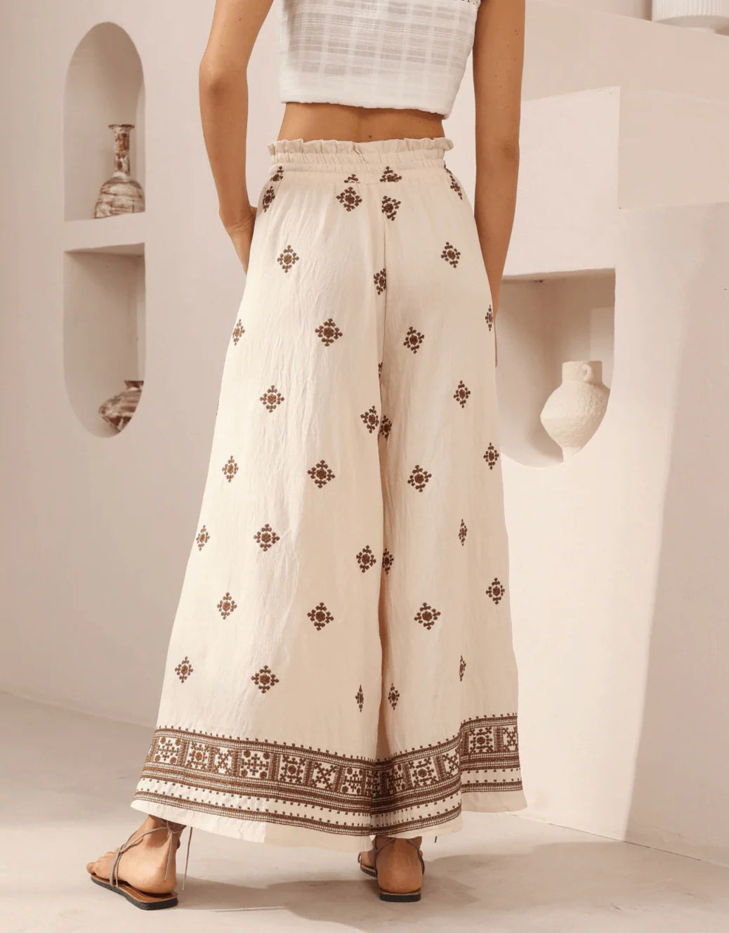 Iris Maxi Diamond Embroidered Wide Leg Pant - Beige/Brown
