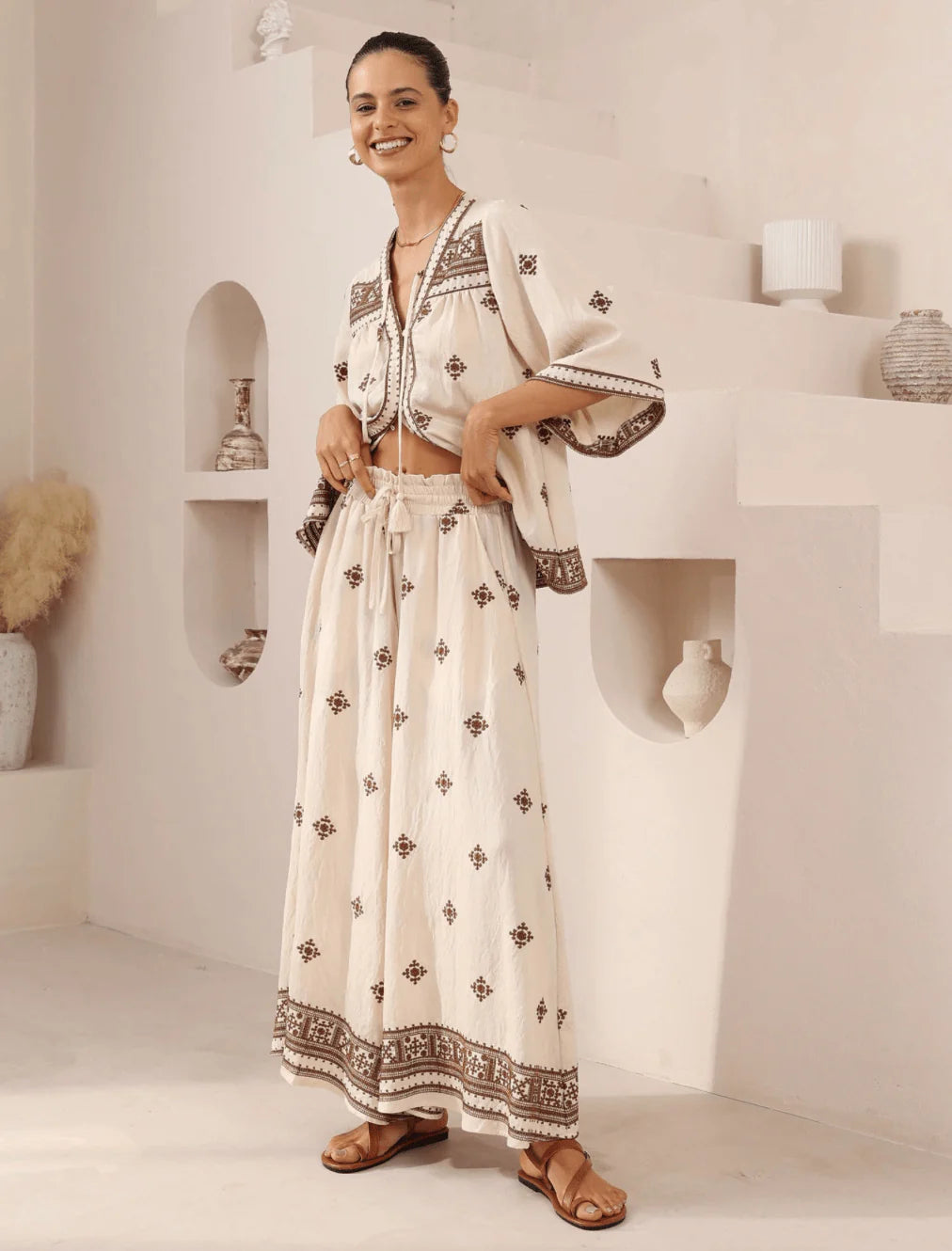 Iris Maxi Diamond Embroidered Long Sleeve Top - Beige/Brown
