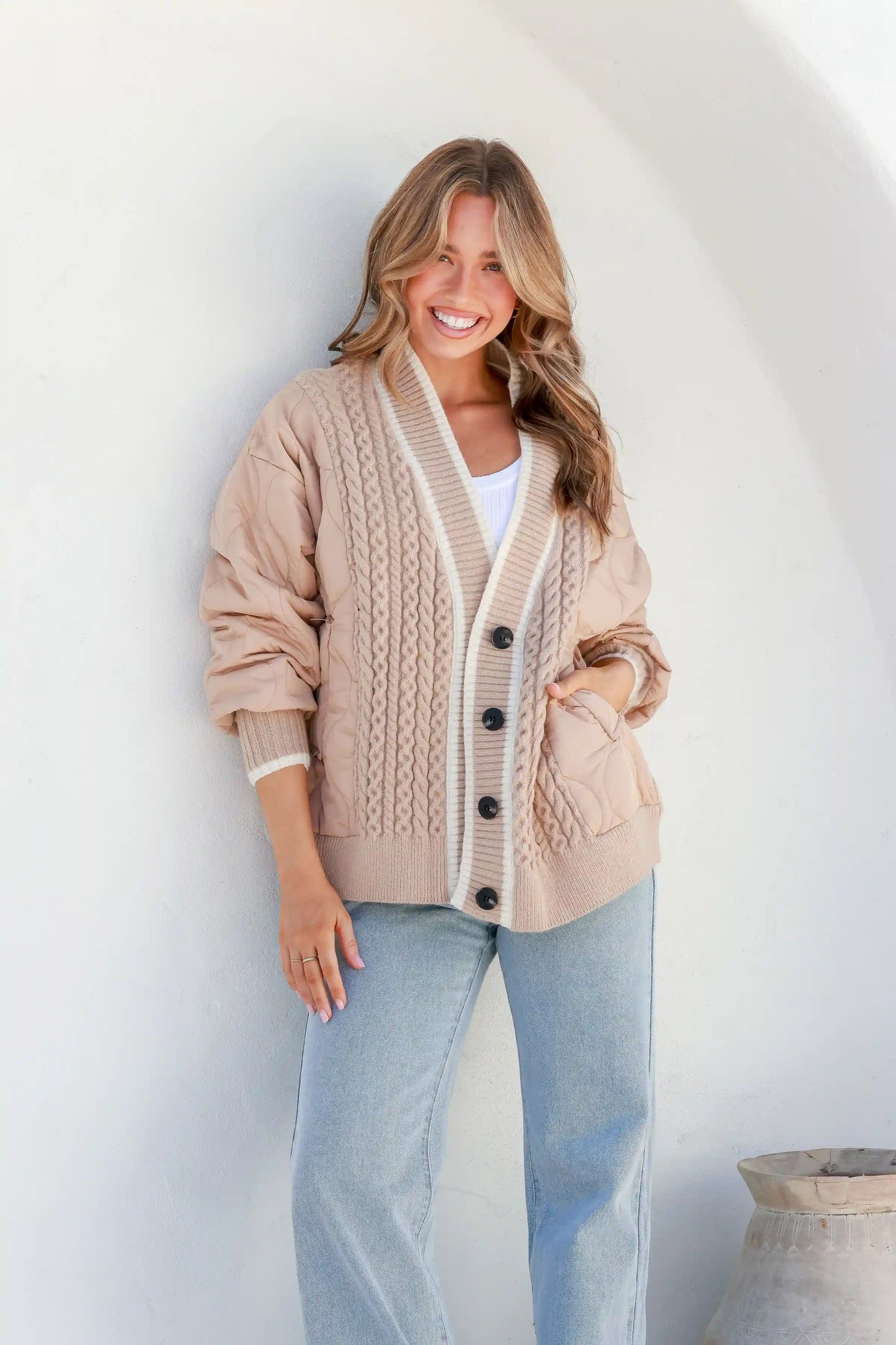 Cable Knit Puffer Cardigan Beige